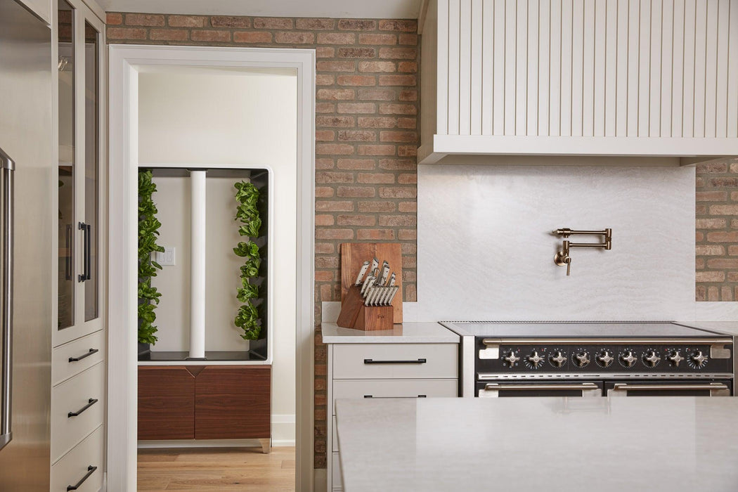 Walnut Aeva indoor garden placed in a living space outside the kitchen, showcasing leafy green vegetables growing